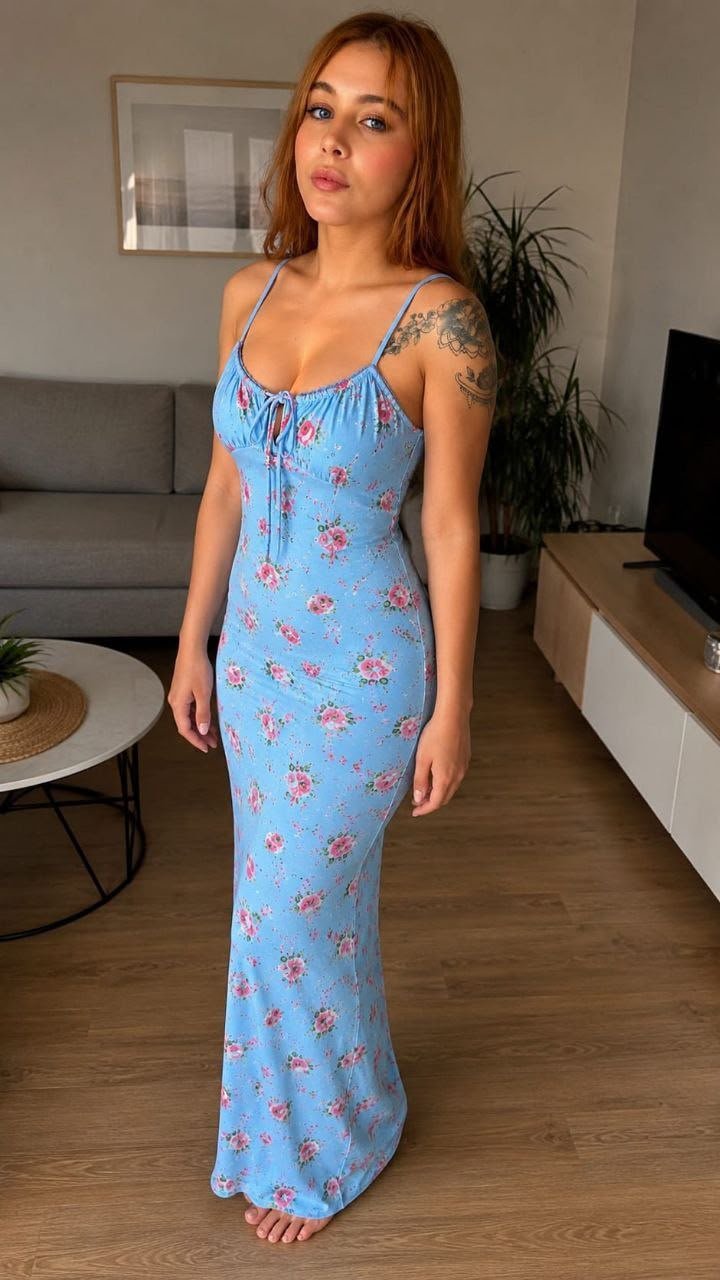 Woman standing in a living room wearing a light blue floral spaghetti-strap maxi dress, barefoot, with a tattoo on her left arm.