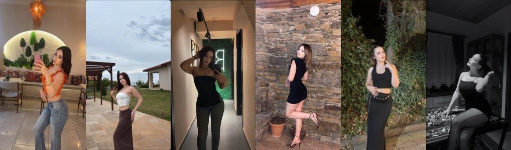 Six-photo collage of a woman posing in different outfits across indoor and outdoor settings, from casual to glamorous.