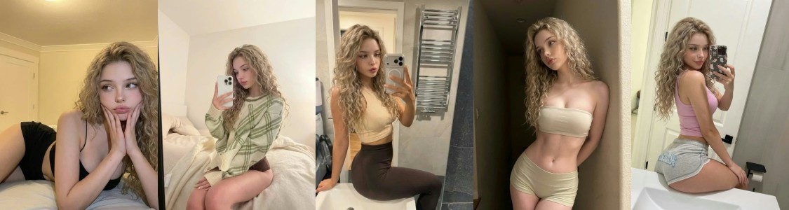 Five-photo collage of a woman with wavy blonde hair posing in different outfits in a bedroom and bathroom, using a mirror for selfies in each panel.