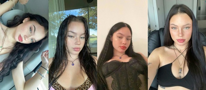 collage of four young women taking selfies: first with long dark hair in a car, second outdoors with wet hair and leopard print top, third indoors wearing a black lace top, fourth in a black strapless top with a necklace and pendant