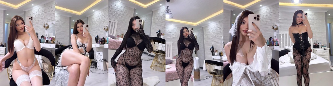 Series of mirror selfies showing a person modeling white and black lace lingerie in a bright modern bedroom.